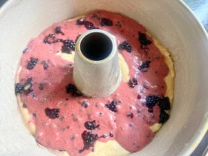 Layered Batter in a bundt pan.