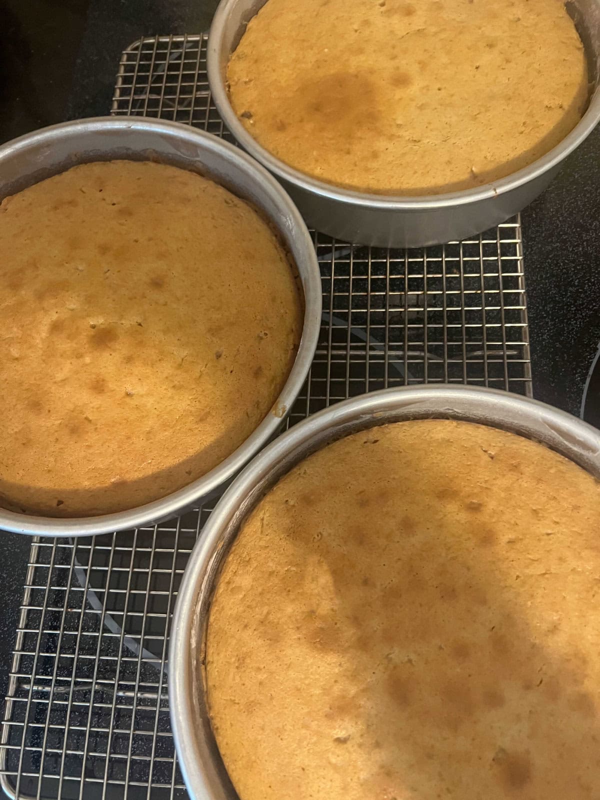 Cake layers in their pans cooling on a wire rack.