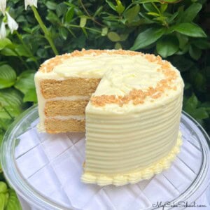 Sliced Brown Sugar Toffee Cake on a cake plate.