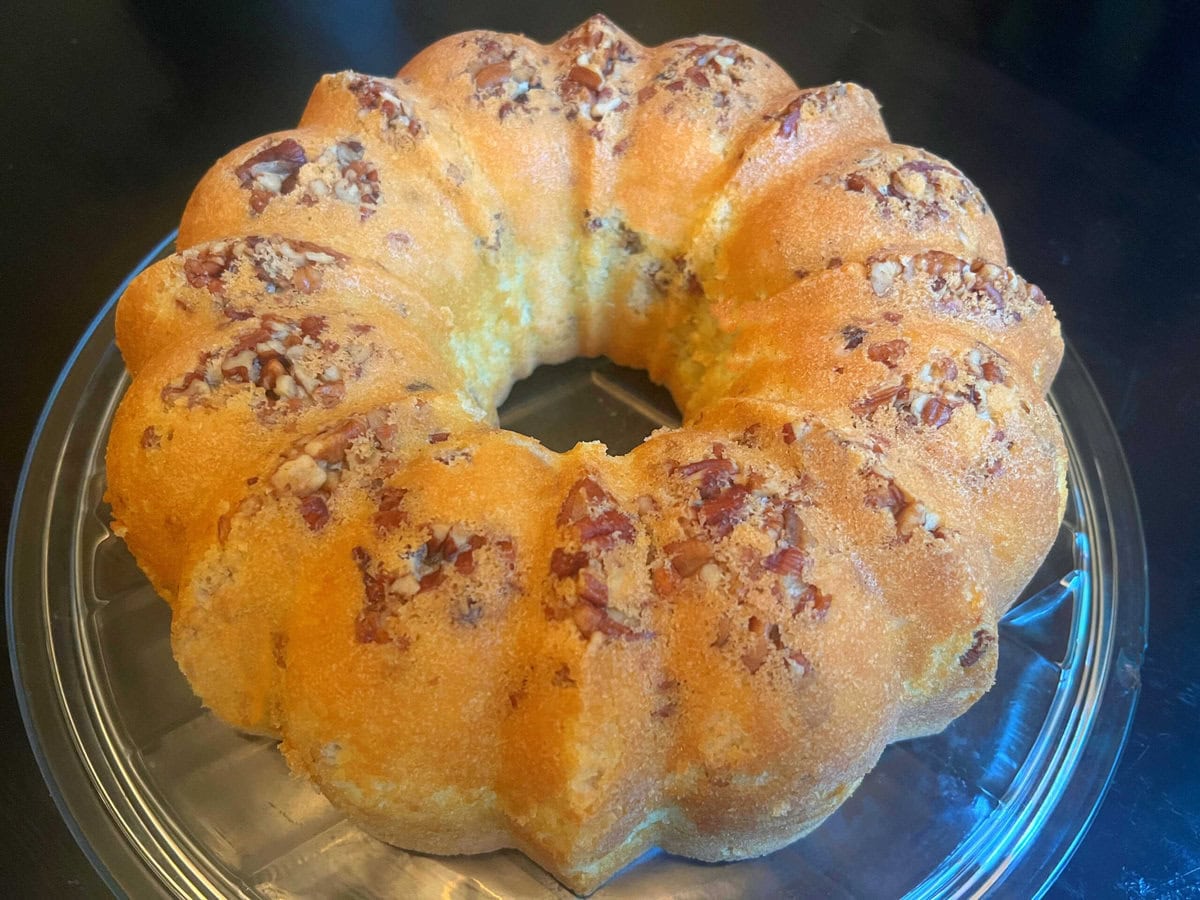 Coconut Pecan Cake, just after turning onto cake plate.