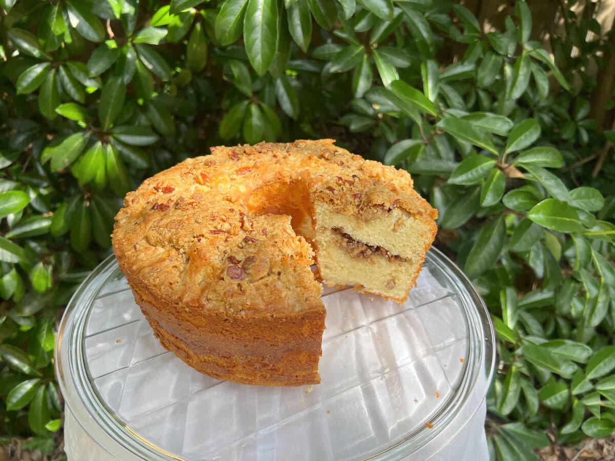 Coffee Cake Pound Cake on a cake pedestal.