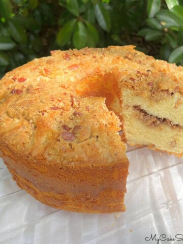 Coffee Cake pound cake on a pedestal.