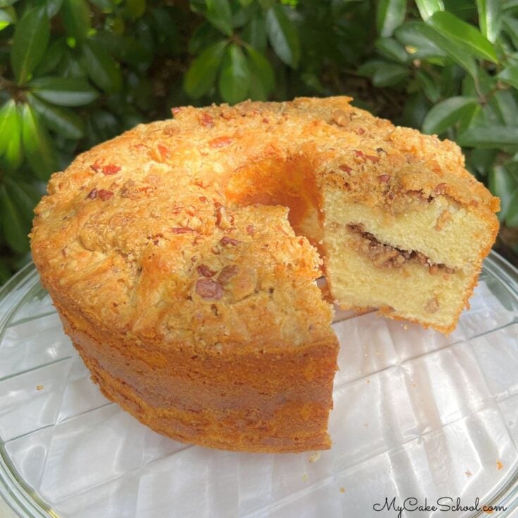 Coffee Cake pound cake on a pedestal.