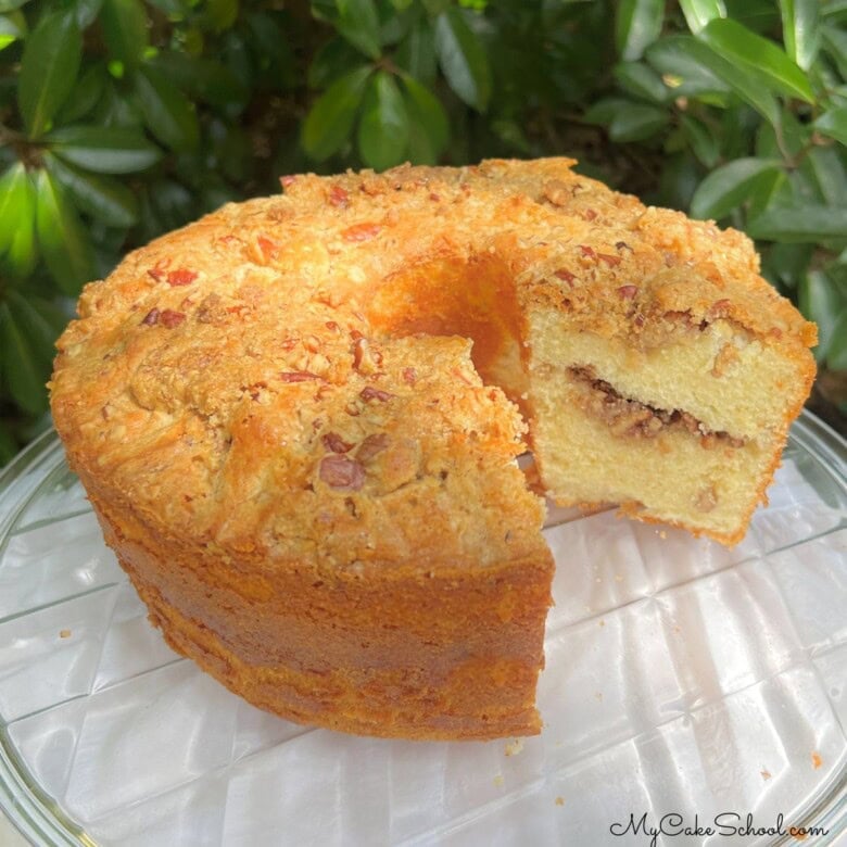 Coffee Cake pound cake on a pedestal.