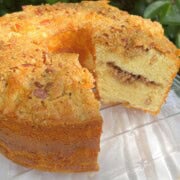 Coffee Cake pound cake, sliced, on a pedestal.