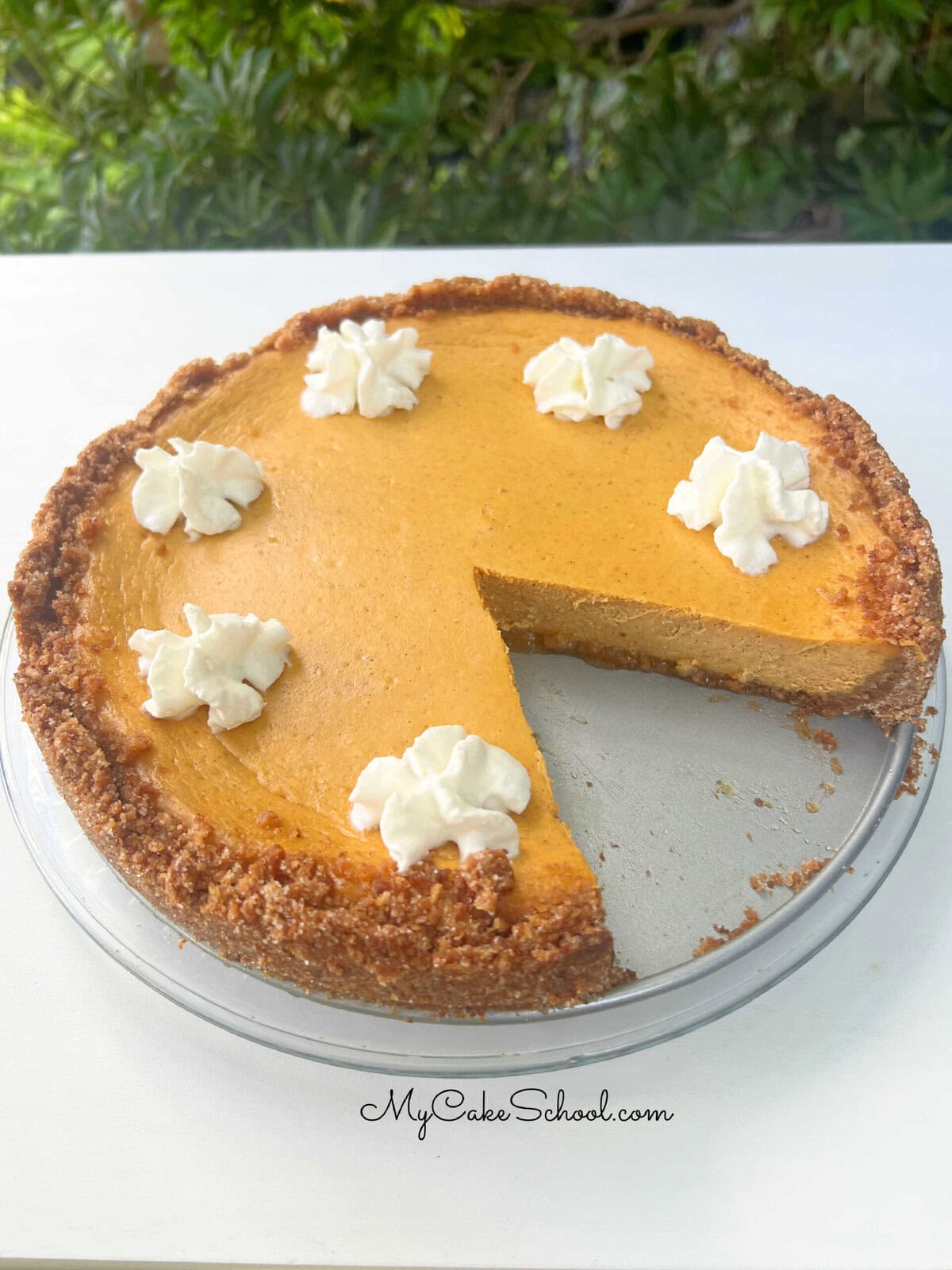Pumpkin Cheesecake, sliced, on a cake platter.