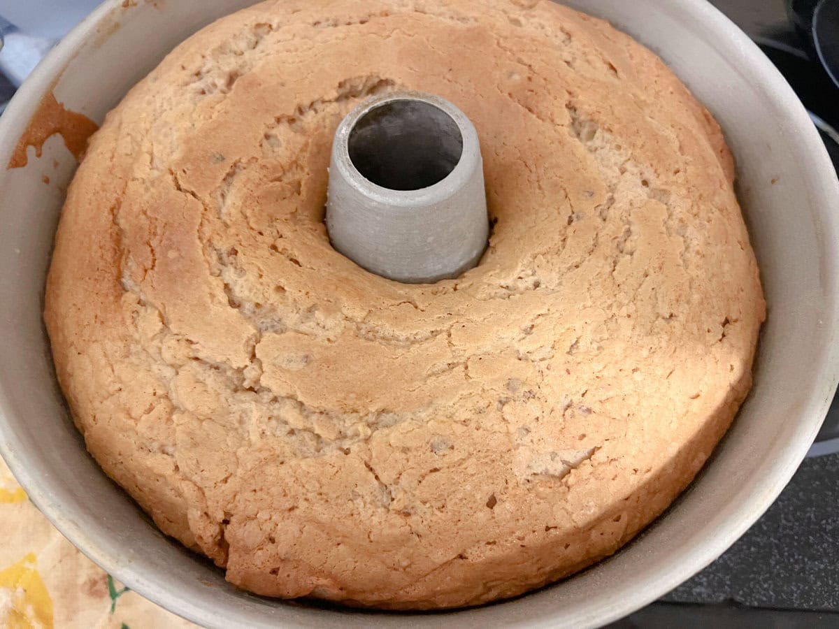 Freshly baked Pecan Spice Pound Cake, in pan.