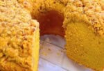 Pumpkin Pound Cake, sliced, on a cake plate.