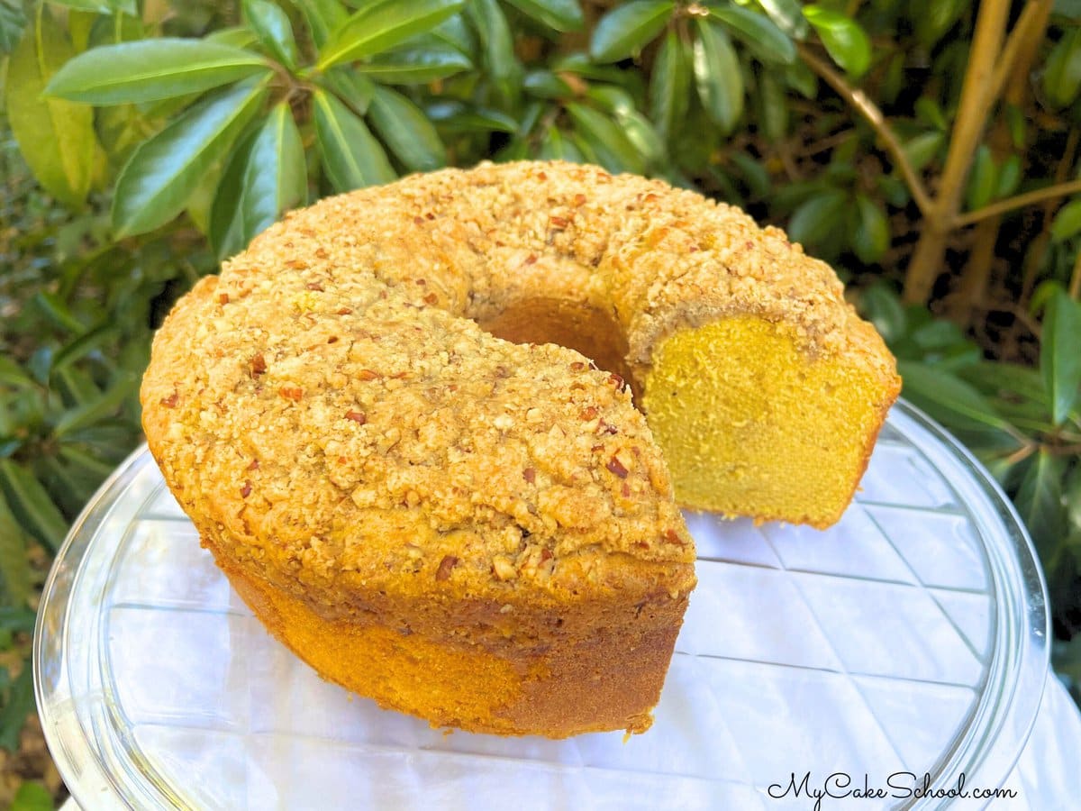 Pumpkin Pound Cake on a cake plate.