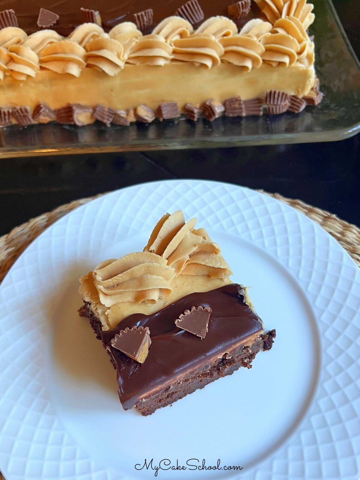 Slice of Chocolate Sheet Cake with Peanut Butter Frosting.