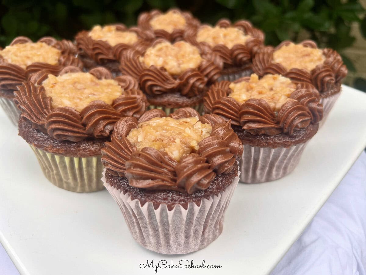 German Chocolate Cupcakes on a platter.