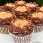 German Chocolate Cupcakes on a platter.