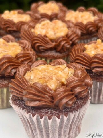 German Chocolate Cupcakes on a platter.