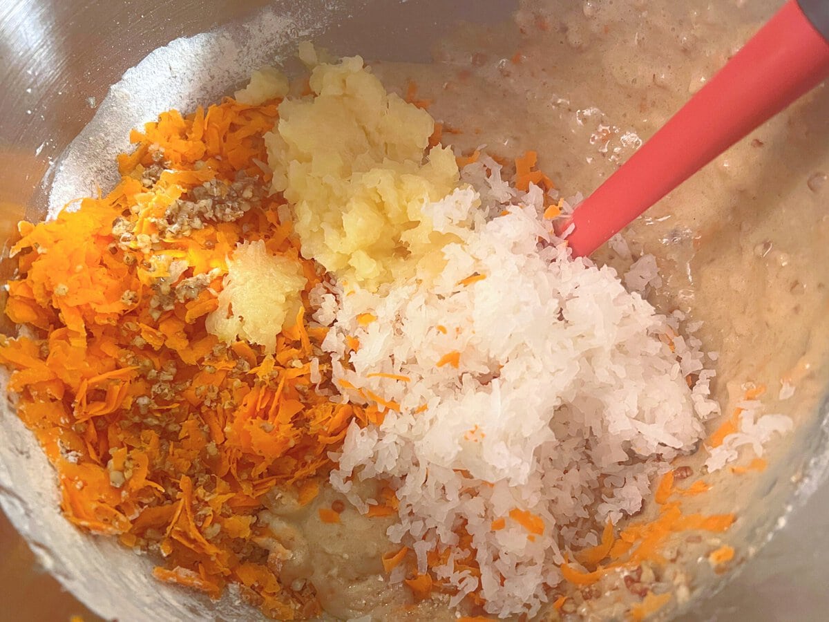 Carrot Sheet Cake ingredients in a bowl.