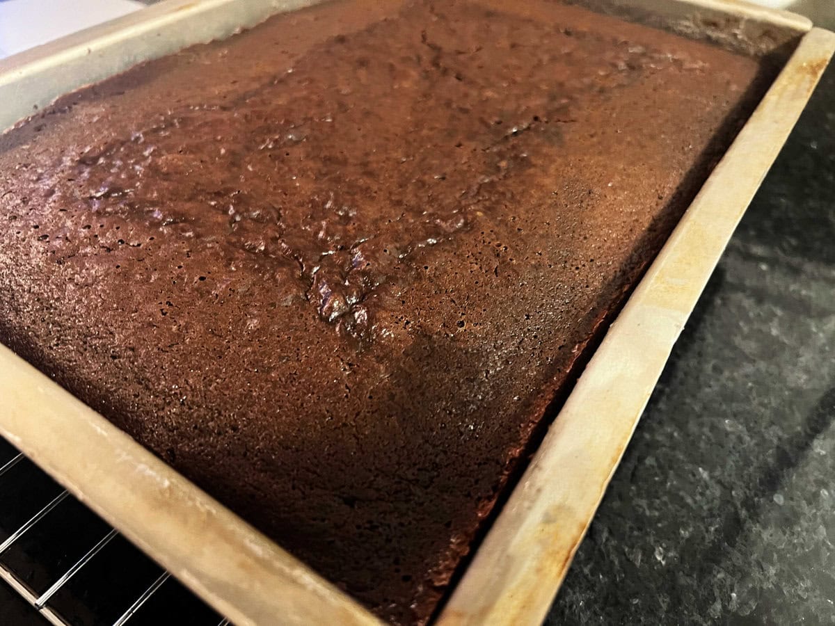 Freshly baked Chocolate Sheet Cake, still in the pan.