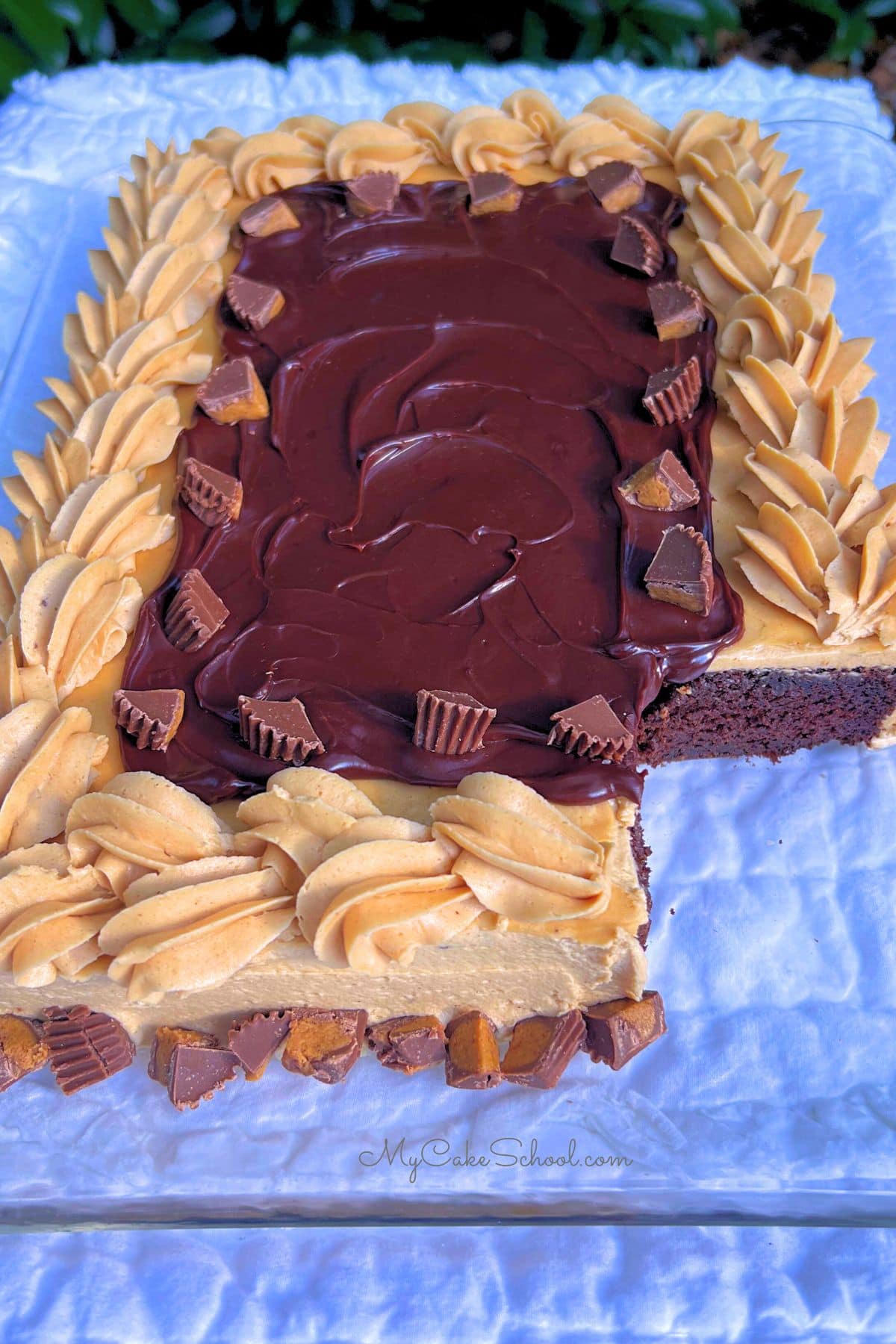 Chocolate Sheet Cake, sliced, on a cake plate.