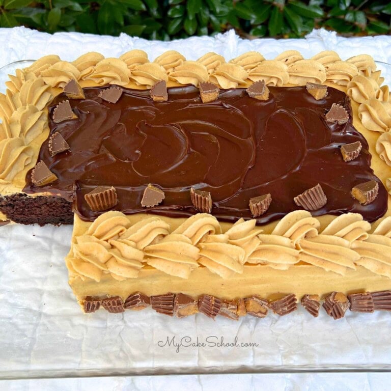 Chocolate Sheet Cake with Peanut Butter frosting, sliced, on a cake plate.