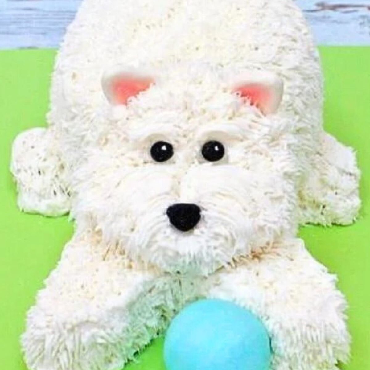 Fluffy Puppy Cake, white buttercream fur and blue fondant ball.