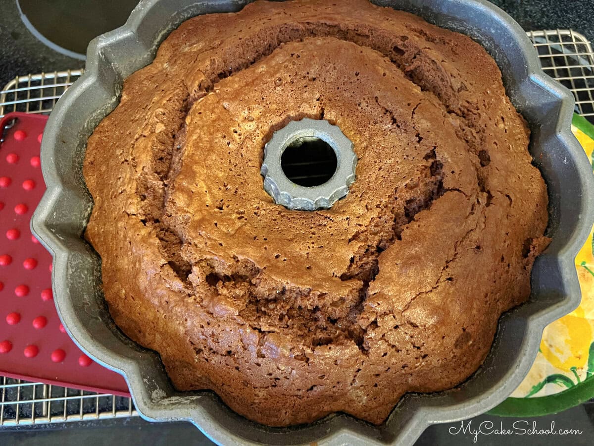 Chocolate Peppermint Pound Cake, cooling in the pan.
