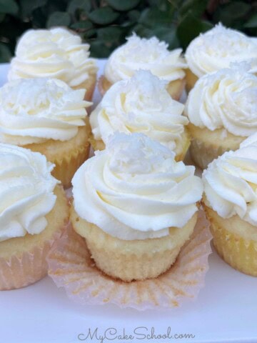 Coconut Cupcakes on a platter.