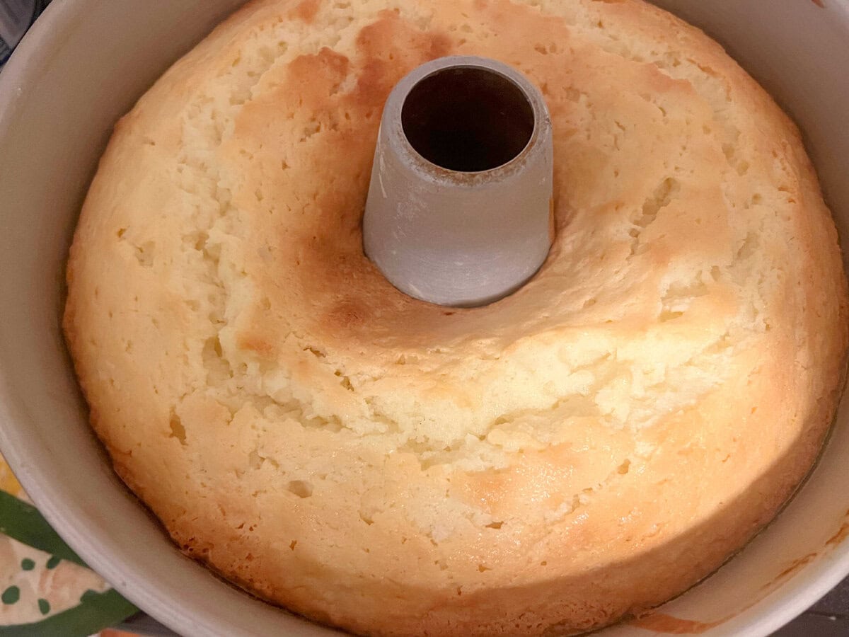 Freshly baked coconut cream cheese pound cake.