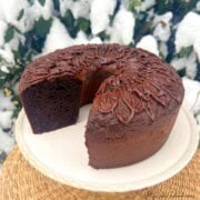 Brownie Bundt Cake, Sliced, on a cake pedestal.