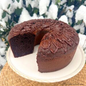 Brownie Bundt Cake, Sliced, on a cake pedestal.