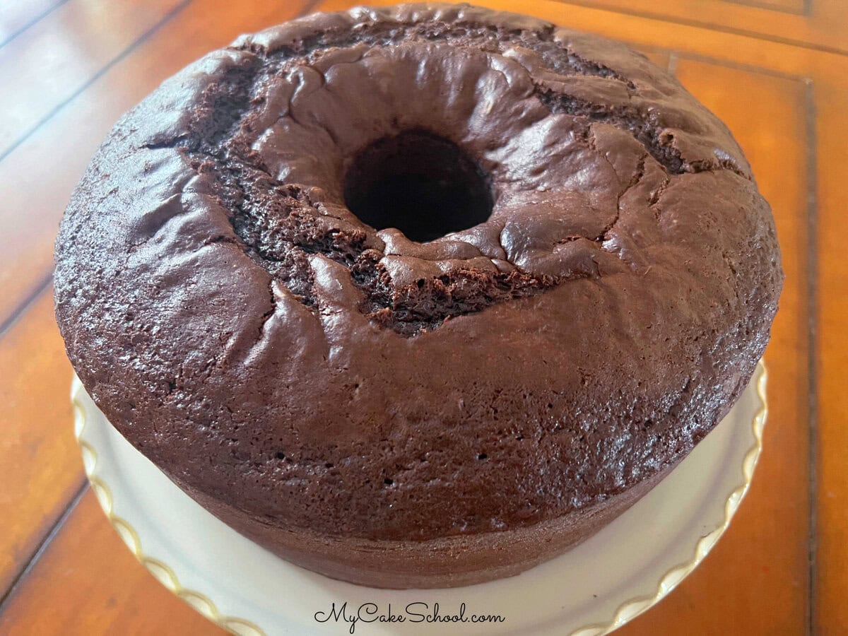 Brownie Bundt Cake on a pedestal.