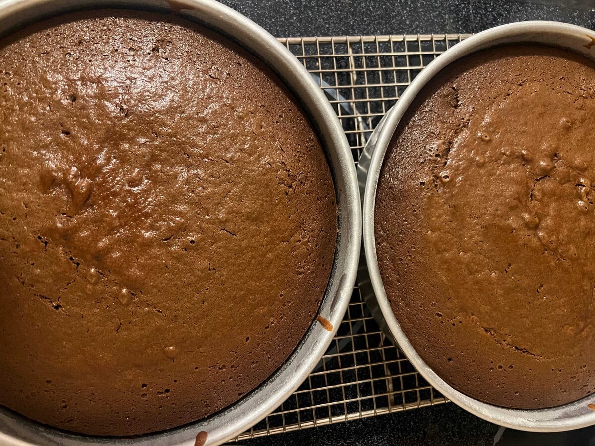 Chocolate Cake Layers, cooling on cooling rack in pans.