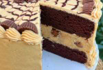 Chocolate Peanut Butter Cheesecake Cake, sliced.