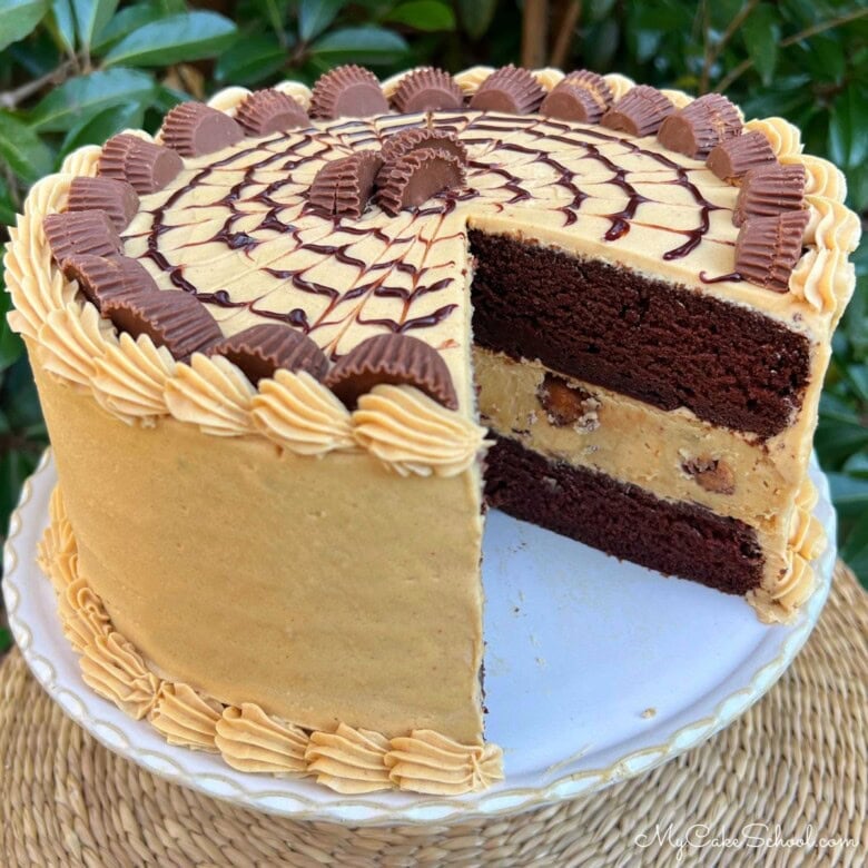 Sliced Chocolate Peanut Butter Cheesecake Cake.