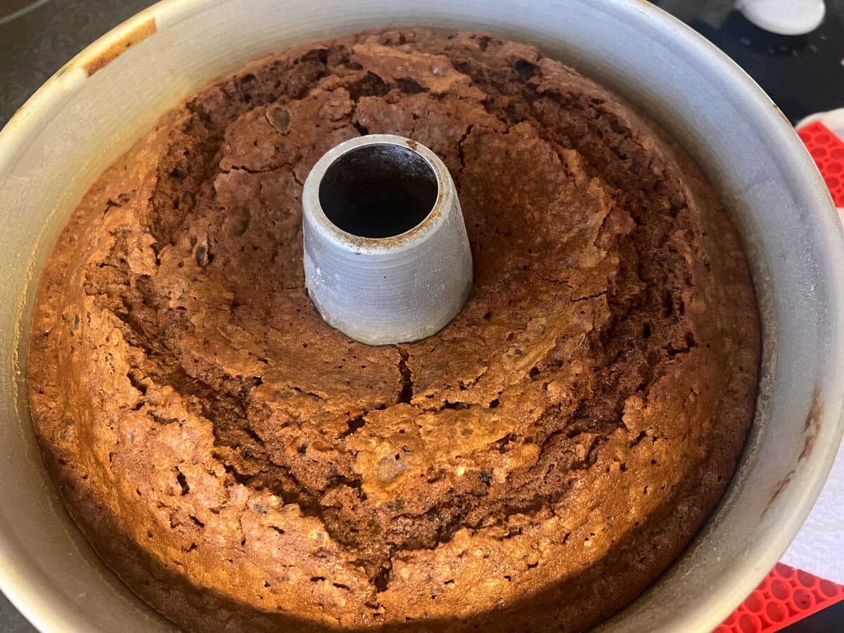Freshly baked Chocolate Oreo Pound Cake, in pan.