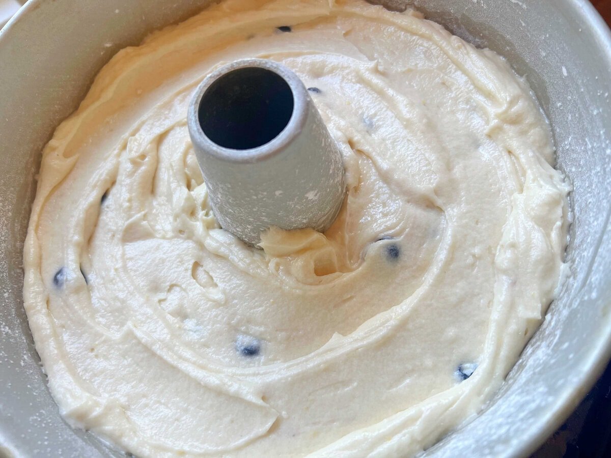 Lemon Blueberry Mascarpone Cake batter in pan.