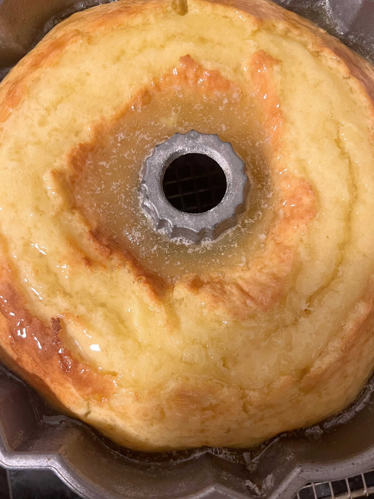 Limoncello Coconut Bundt Cake, just after pouring glaze.