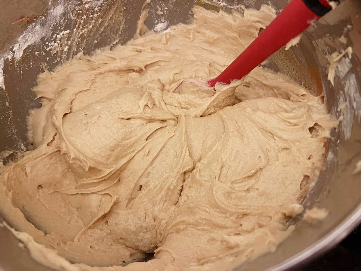 Peanut Butter Pound Cake batter in a mixing bowl.