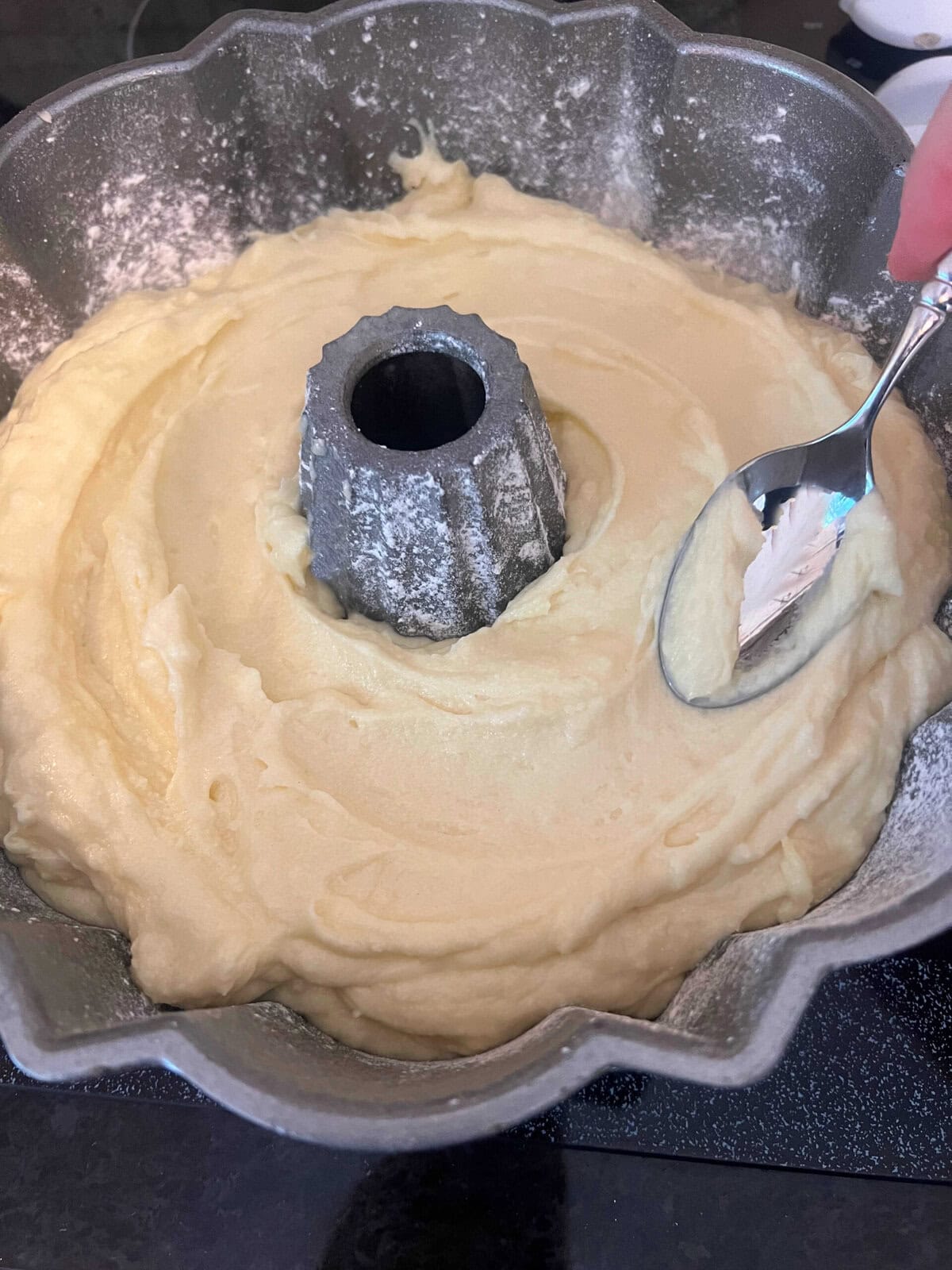 Coconut Mascarpone Pound Cake batter in pan.