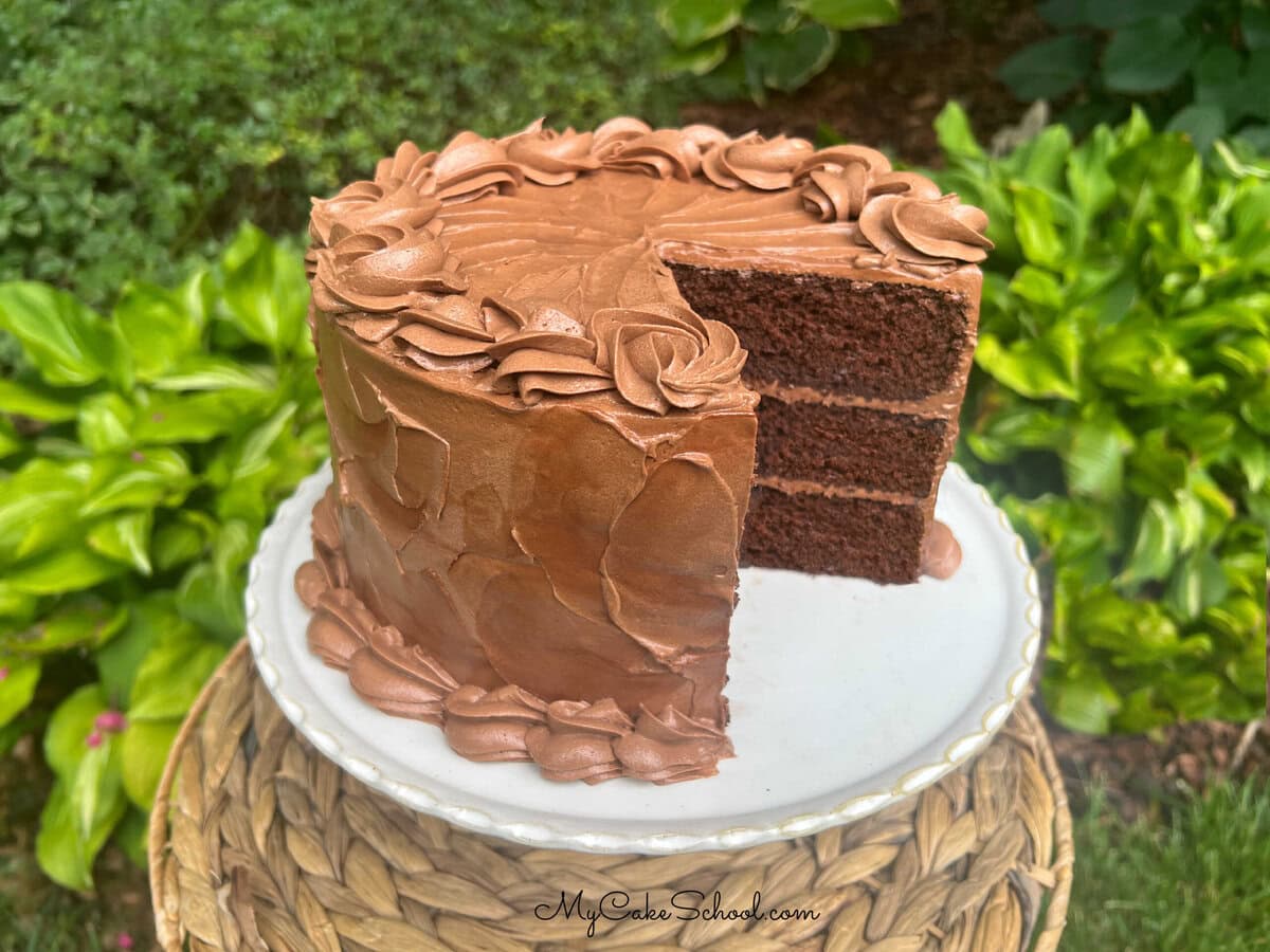 Gluten Free Chocolate Cake on a pedestal.