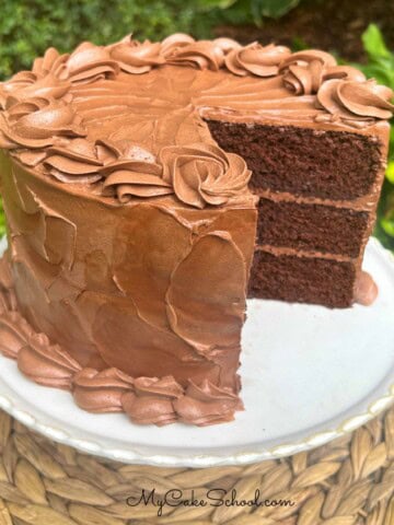 Gluten Free Chocolate Cake on cake pedestal.