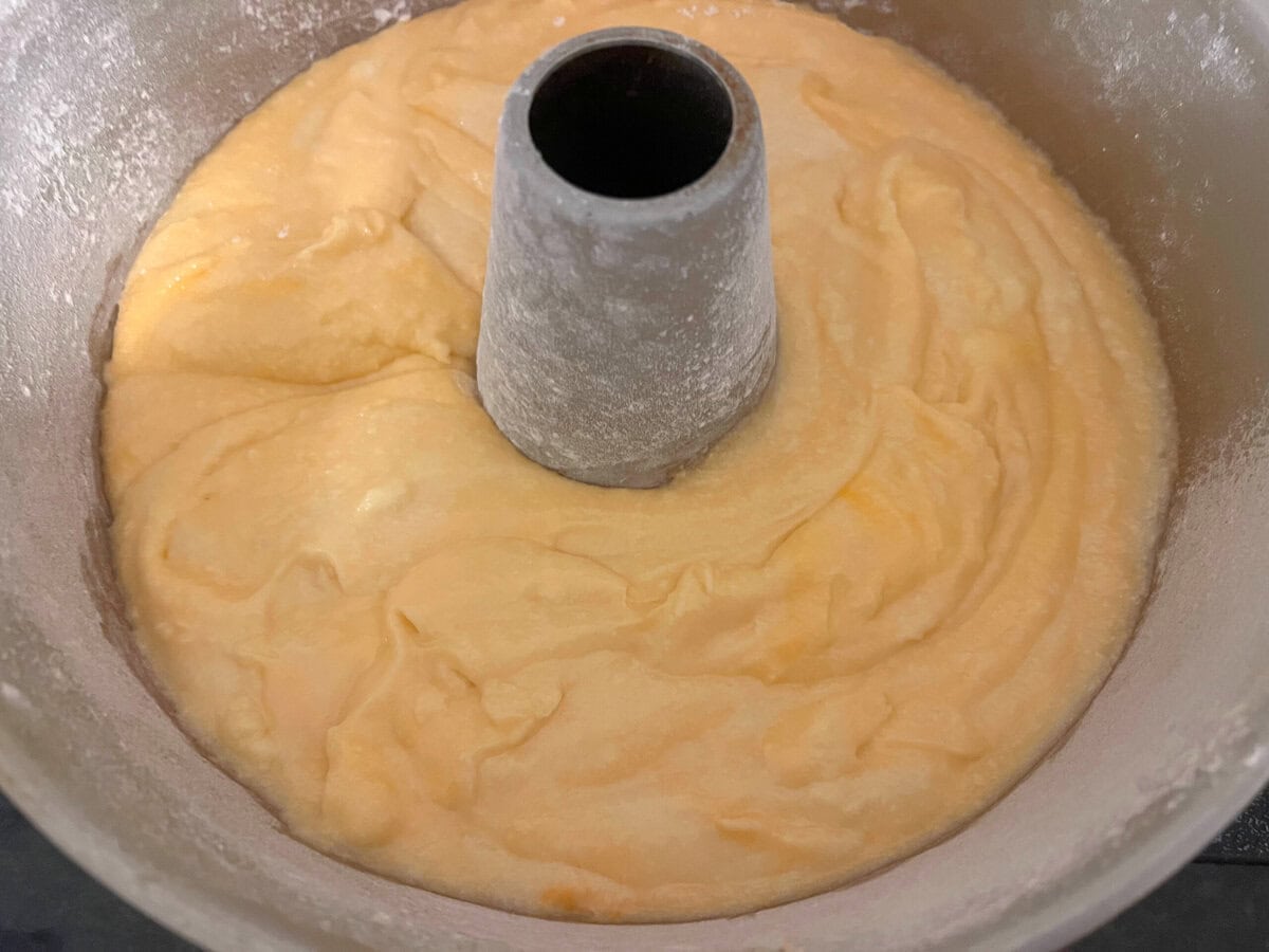 Orange Mascarpone Cake Batter in the Pan.